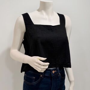 Anrabess Women's Black Square-neck Linen Blend Crop Top Size M